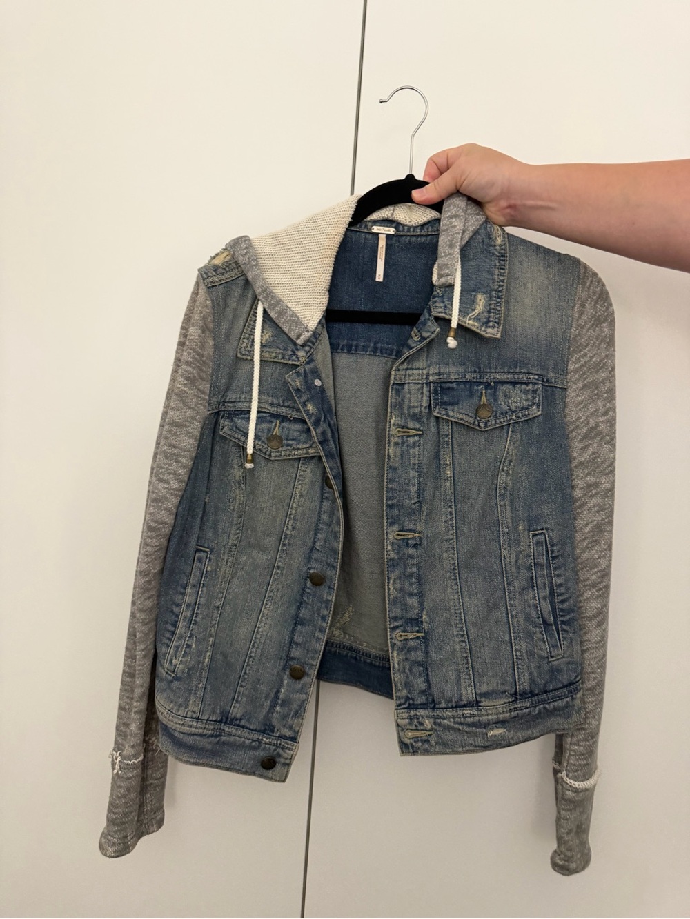 Free People Blue Denim Trucker Jacket with Gray Knit Hoodie Sleeves
